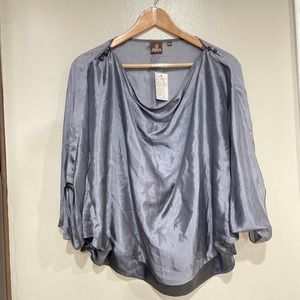 Artisans Angkor M silk blouse batwing sleeve solid gray draped neck NWT